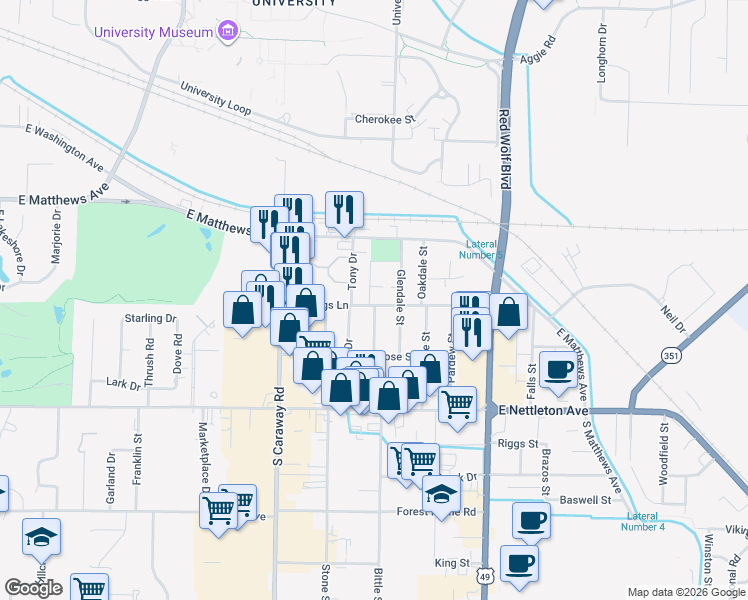 map of restaurants, bars, coffee shops, grocery stores, and more near 2604 Stallings Lane in Jonesboro