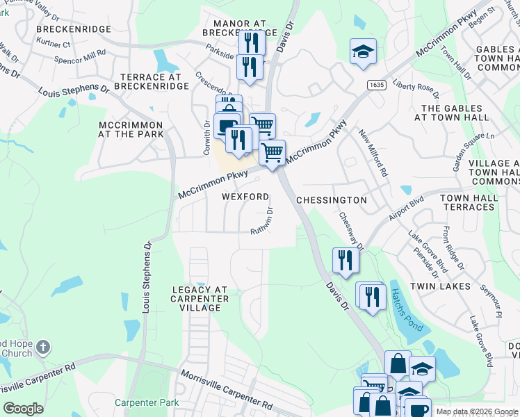 map of restaurants, bars, coffee shops, grocery stores, and more near 104 Trabur Court in Morrisville