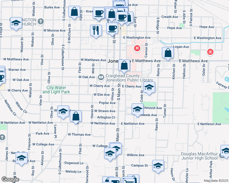 map of restaurants, bars, coffee shops, grocery stores, and more near 1120 Madison Street in Jonesboro