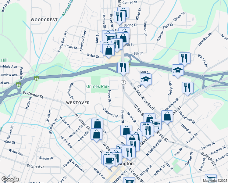map of restaurants, bars, coffee shops, grocery stores, and more near 5 Grimes Circle in Lexington