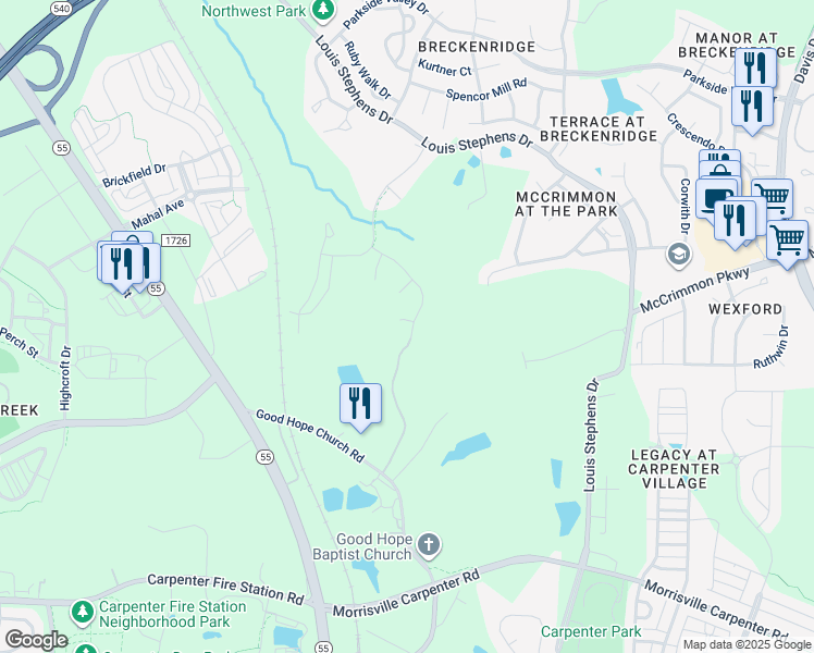 map of restaurants, bars, coffee shops, grocery stores, and more near 301 Napa Ridge Lane in Morrisville