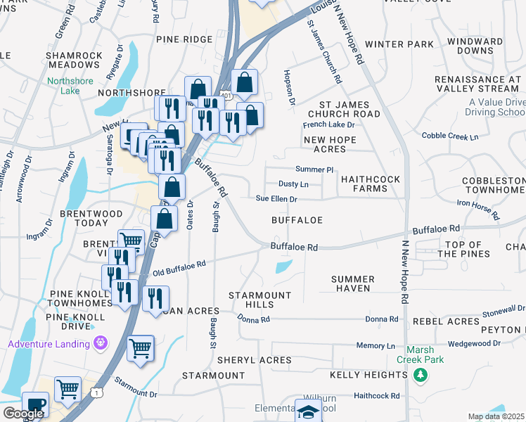 map of restaurants, bars, coffee shops, grocery stores, and more near 3633 Bison Hill Lane in Raleigh