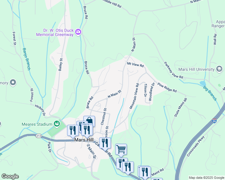 map of restaurants, bars, coffee shops, grocery stores, and more near 455 North Main Street in Mars Hill