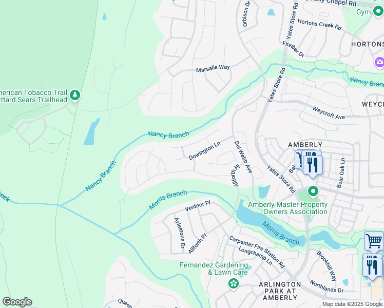 map of restaurants, bars, coffee shops, grocery stores, and more near 220 Dowington Lane in Cary