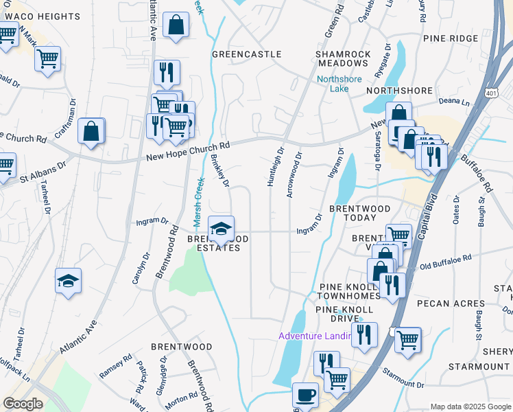 map of restaurants, bars, coffee shops, grocery stores, and more near 3613 Allendale Drive in Raleigh