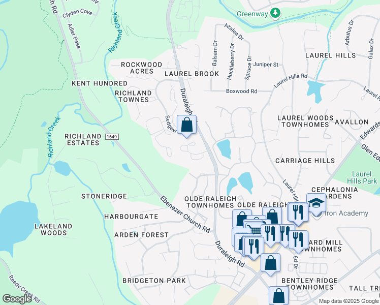 map of restaurants, bars, coffee shops, grocery stores, and more near 3915 Duraleigh Road in Raleigh