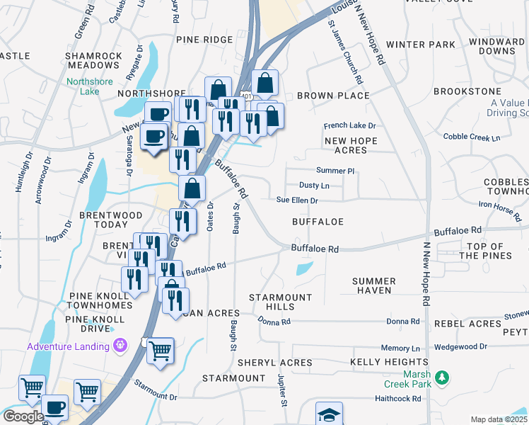map of restaurants, bars, coffee shops, grocery stores, and more near 3835 Bison Hill Lane in Raleigh