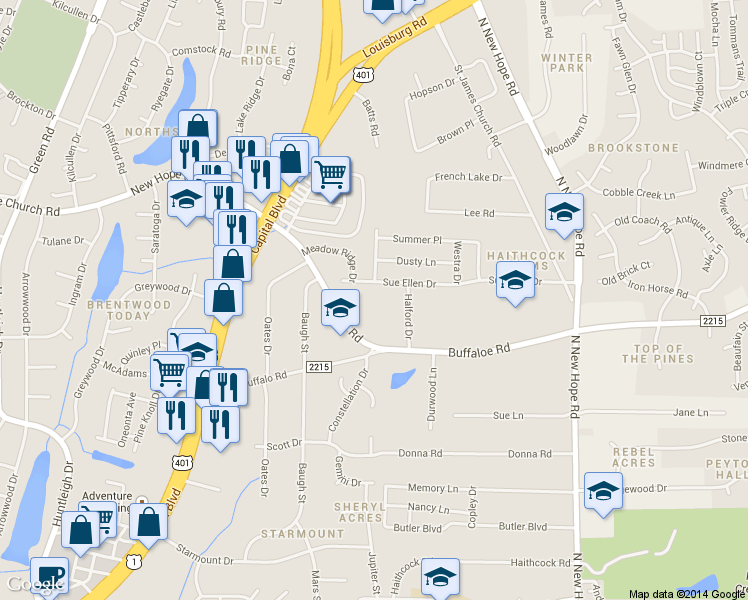 map of restaurants, bars, coffee shops, grocery stores, and more near 3709 Bison Hill Lane in Raleigh
