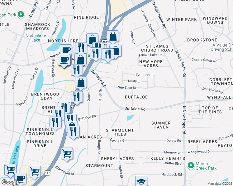 map of restaurants, bars, coffee shops, grocery stores, and more near 3835 Bison Hill Lane in Raleigh