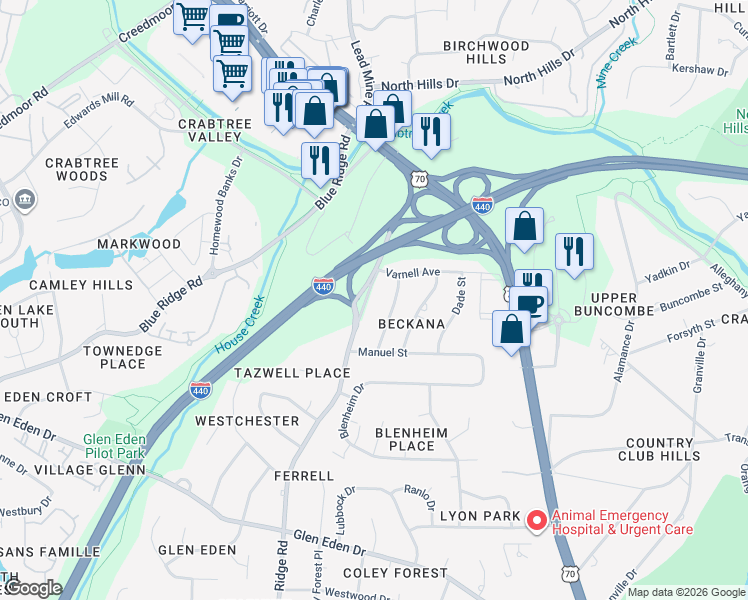 map of restaurants, bars, coffee shops, grocery stores, and more near 3000 Ridge Road in Raleigh