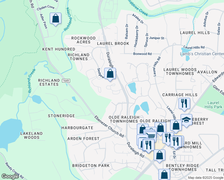 map of restaurants, bars, coffee shops, grocery stores, and more near 3915 Duraleigh Road in Raleigh