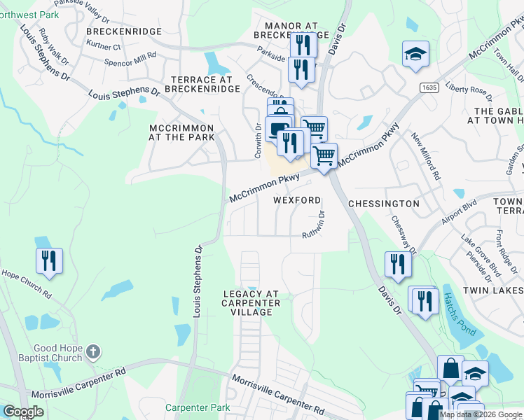 map of restaurants, bars, coffee shops, grocery stores, and more near 437 Manchester Park Lane in Morrisville