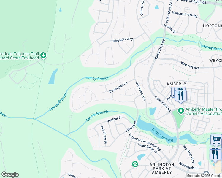 map of restaurants, bars, coffee shops, grocery stores, and more near 220 Dowington Lane in Cary
