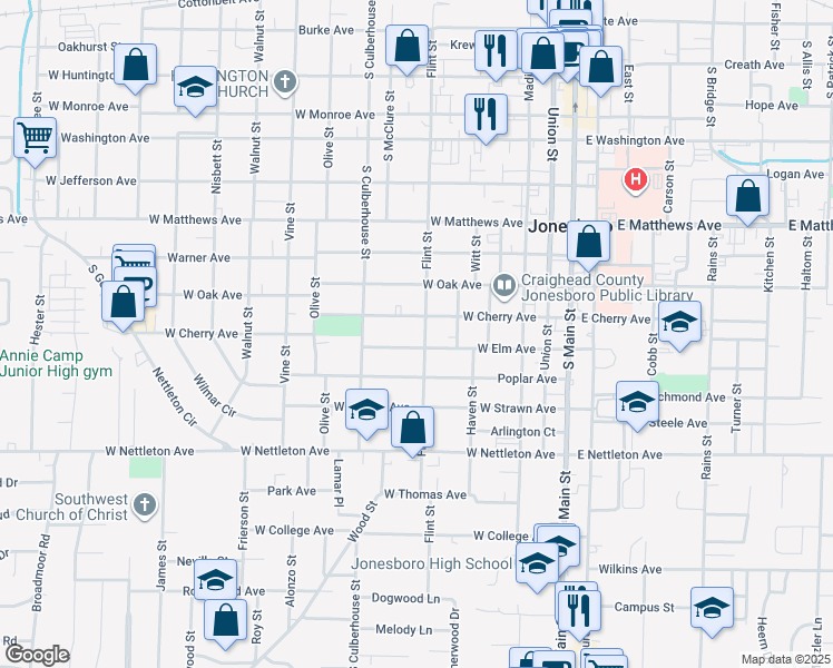 map of restaurants, bars, coffee shops, grocery stores, and more near 606b West Elm Avenue in Jonesboro