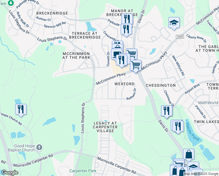 map of restaurants, bars, coffee shops, grocery stores, and more near 429 Manchester Park Lane in Morrisville