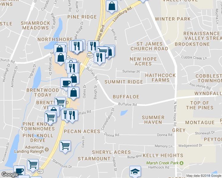 map of restaurants, bars, coffee shops, grocery stores, and more near 3617 Bison Hill Lane in Raleigh
