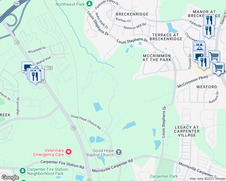 map of restaurants, bars, coffee shops, grocery stores, and more near 301 Napa Ridge Lane in Morrisville
