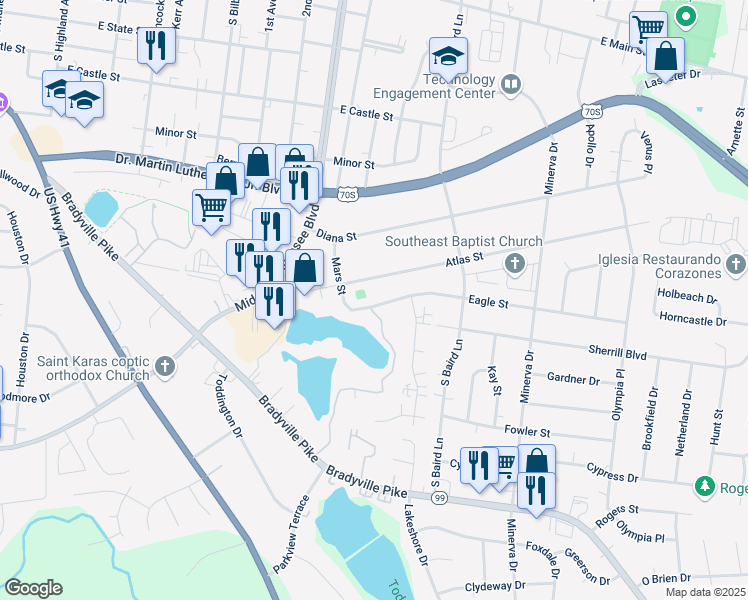 map of restaurants, bars, coffee shops, grocery stores, and more near 1315 Eagle Street in Murfreesboro