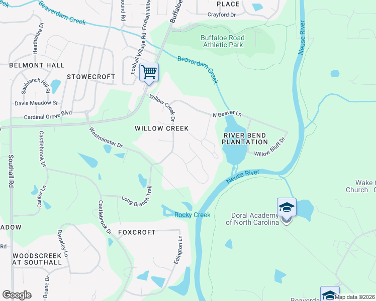 map of restaurants, bars, coffee shops, grocery stores, and more near 3424 South Beaver Lane in Raleigh