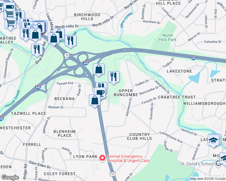 map of restaurants, bars, coffee shops, grocery stores, and more near 3710 Exchange Glenwood Place in Raleigh