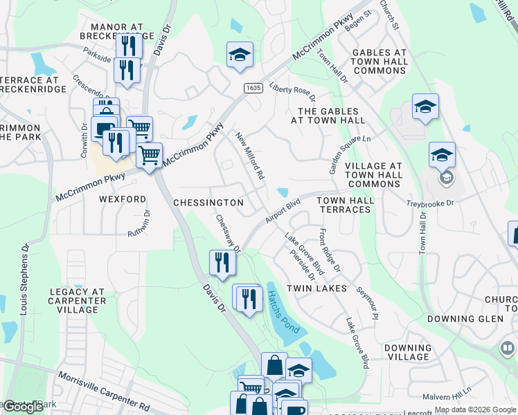 map of restaurants, bars, coffee shops, grocery stores, and more near 1009 Freeport Drive in Cary