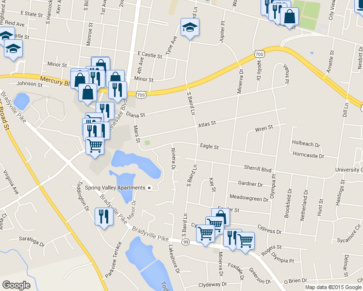 map of restaurants, bars, coffee shops, grocery stores, and more near 802 Riviera Drive in Murfreesboro