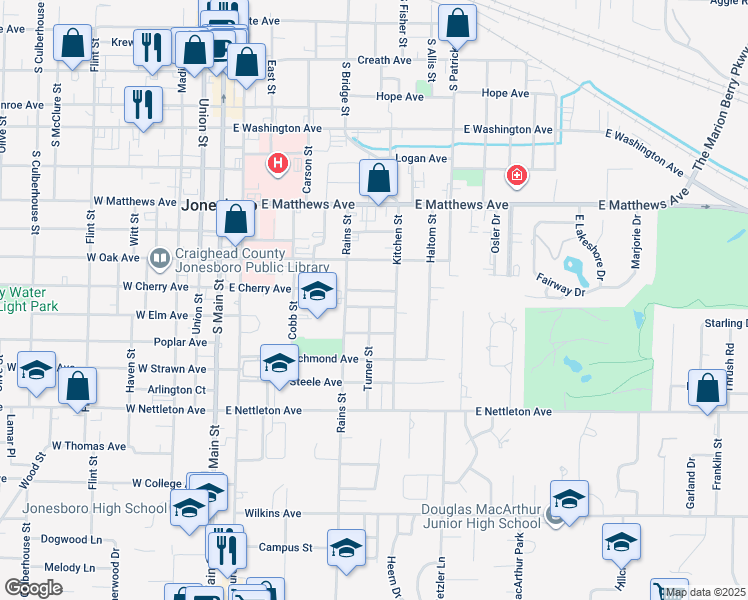 map of restaurants, bars, coffee shops, grocery stores, and more near 1101 Turner Street in Jonesboro