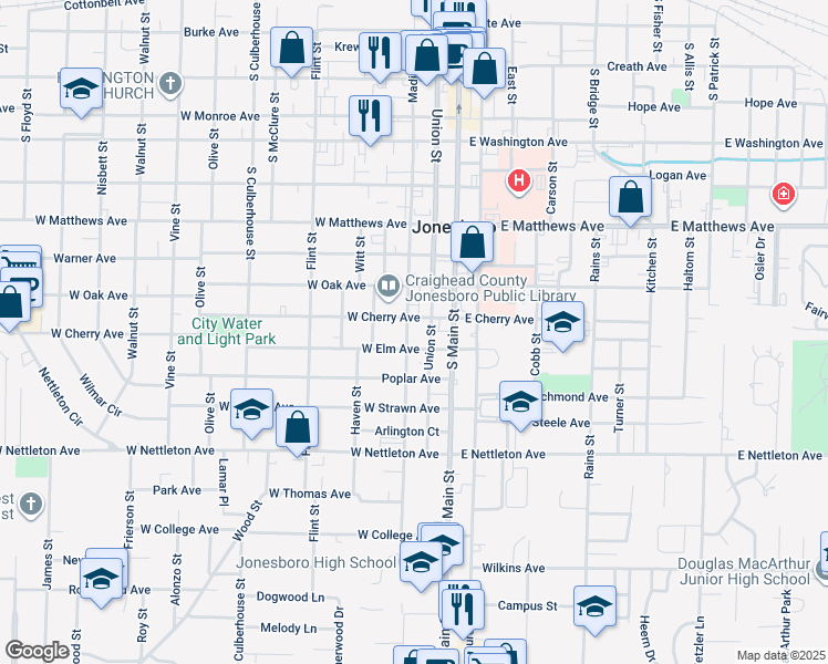 map of restaurants, bars, coffee shops, grocery stores, and more near 1120 Madison Street in Jonesboro
