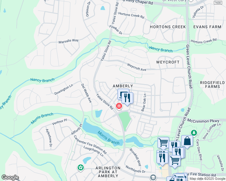 map of restaurants, bars, coffee shops, grocery stores, and more near 4114 Overcup Oak Lane in Cary