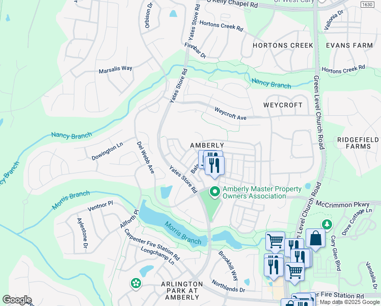 map of restaurants, bars, coffee shops, grocery stores, and more near 4107 Bluff Oak Drive in Cary