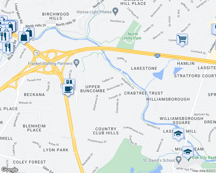 map of restaurants, bars, coffee shops, grocery stores, and more near 321 Buncombe Street in Raleigh