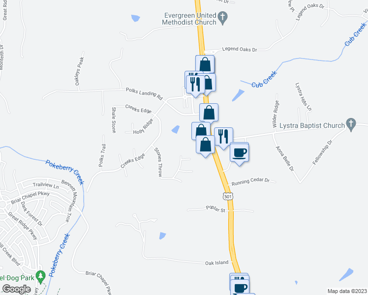 map of restaurants, bars, coffee shops, grocery stores, and more near 122 Hidden Valley Drive in Chapel Hill