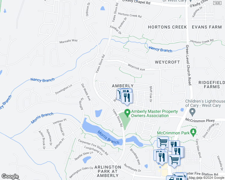 map of restaurants, bars, coffee shops, grocery stores, and more near 4107 Bluff Oak Drive in Cary
