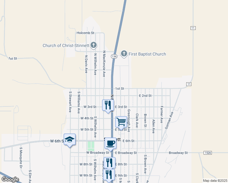 map of restaurants, bars, coffee shops, grocery stores, and more near 10 North Main Street in Stinnett