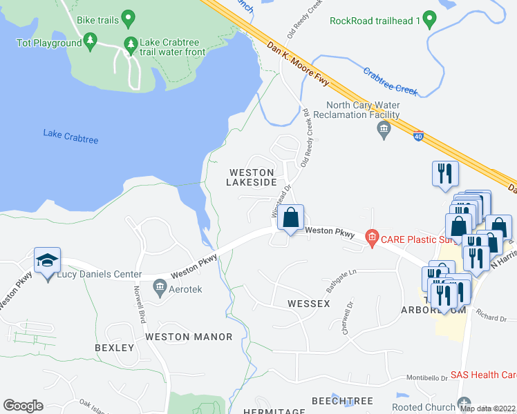 map of restaurants, bars, coffee shops, grocery stores, and more near 1001 Winstead Drive in Cary
