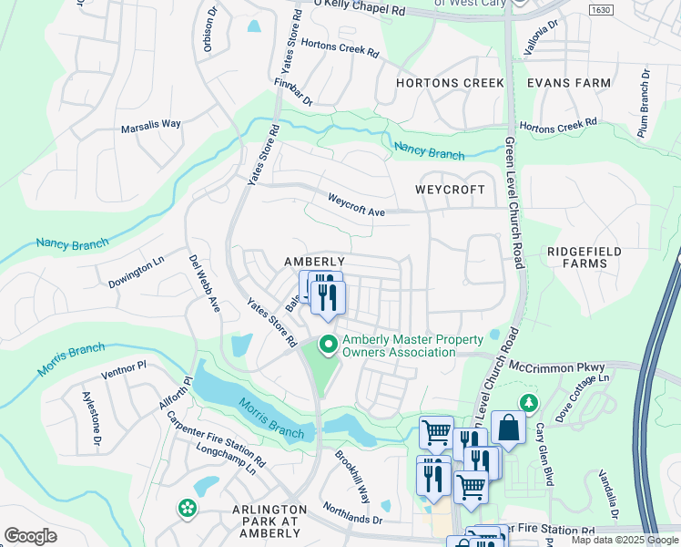 map of restaurants, bars, coffee shops, grocery stores, and more near Overcup Oak Lane in Cary