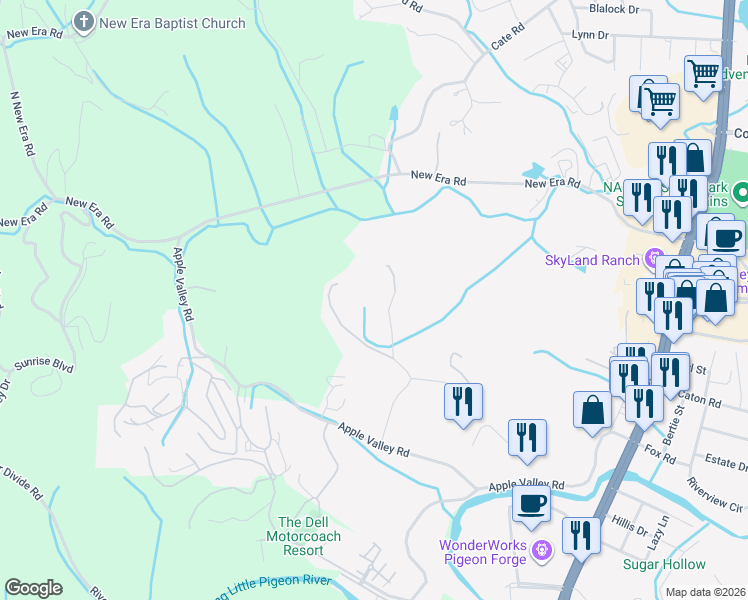 map of restaurants, bars, coffee shops, grocery stores, and more near 1620 Valley Road in Sevierville