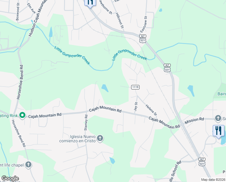 map of restaurants, bars, coffee shops, grocery stores, and more near 1726 Cajah Mountain Road in Hudson