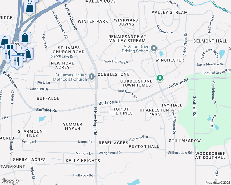 map of restaurants, bars, coffee shops, grocery stores, and more near 4115 Buffaloe Road in Raleigh