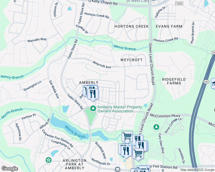map of restaurants, bars, coffee shops, grocery stores, and more near 3915 Overcup Oak Lane in Cary