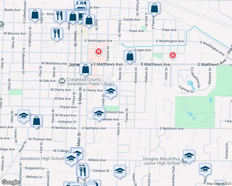 map of restaurants, bars, coffee shops, grocery stores, and more near 1109 Citizen Street in Jonesboro