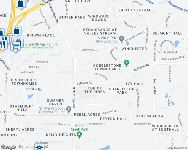 map of restaurants, bars, coffee shops, grocery stores, and more near 3909 Iron Horse Road in Raleigh