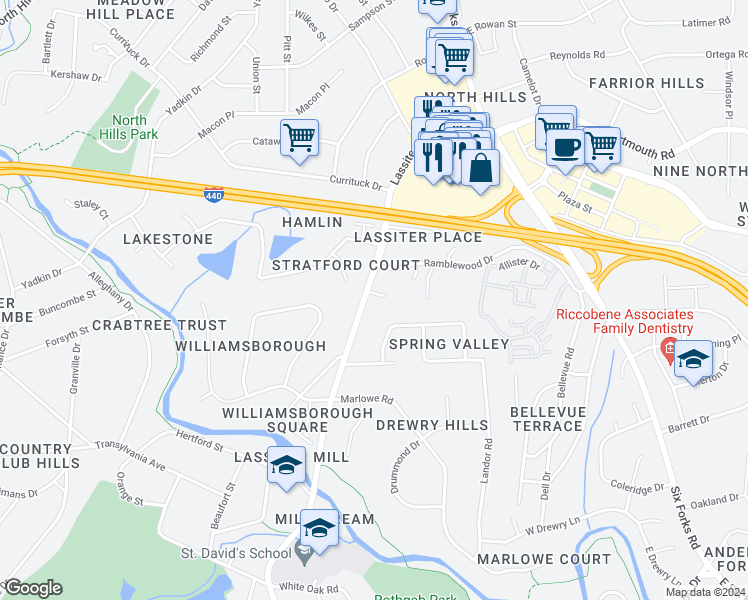 map of restaurants, bars, coffee shops, grocery stores, and more near 409 May Court in Raleigh