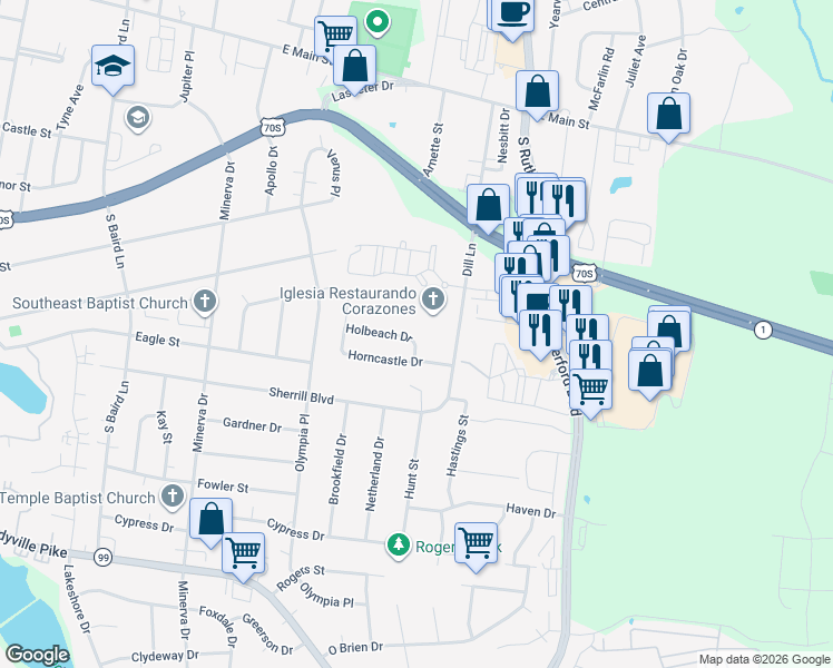 map of restaurants, bars, coffee shops, grocery stores, and more near 2026 Holbeach Drive in Murfreesboro