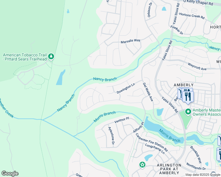 map of restaurants, bars, coffee shops, grocery stores, and more near 106 Christow Court in Cary
