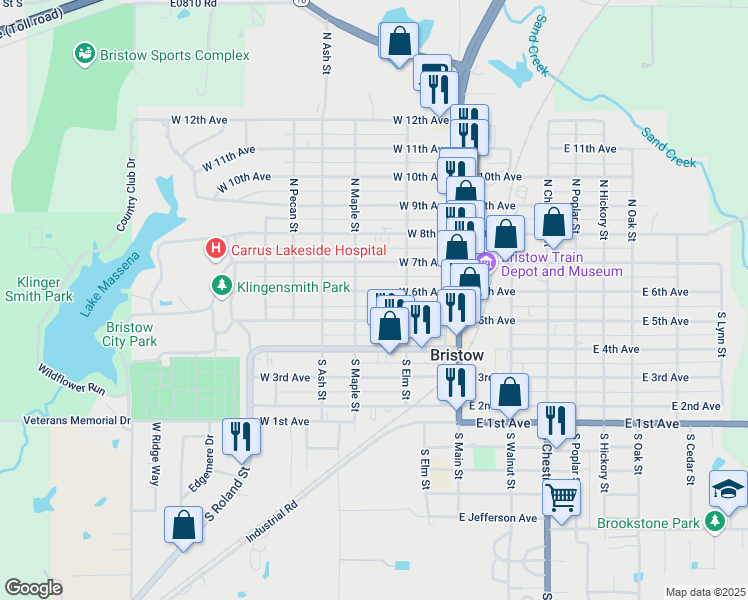 map of restaurants, bars, coffee shops, grocery stores, and more near 223 West 5th Avenue in Bristow
