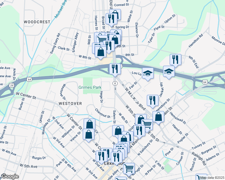 map of restaurants, bars, coffee shops, grocery stores, and more near 13 Grimes Circle in Lexington