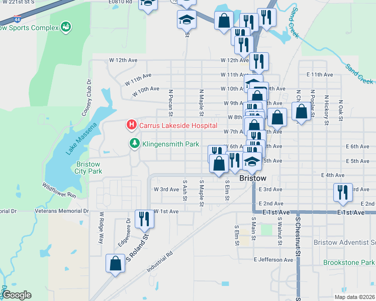 map of restaurants, bars, coffee shops, grocery stores, and more near 309 West 5th Avenue in Bristow