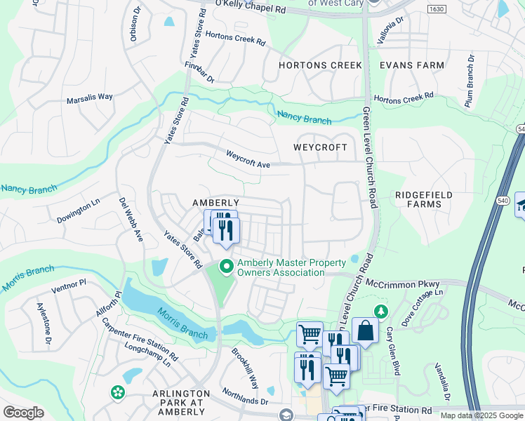 map of restaurants, bars, coffee shops, grocery stores, and more near 3915 Overcup Oak Lane in Cary