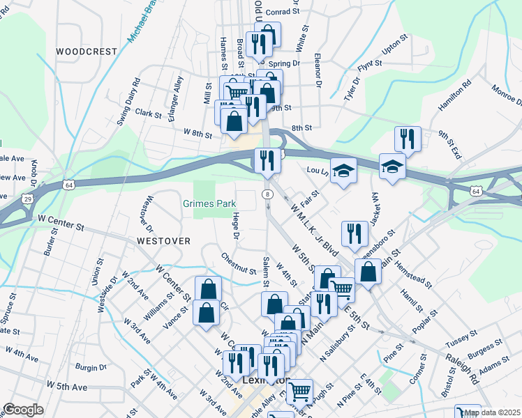 map of restaurants, bars, coffee shops, grocery stores, and more near 13 Grimes Circle in Lexington